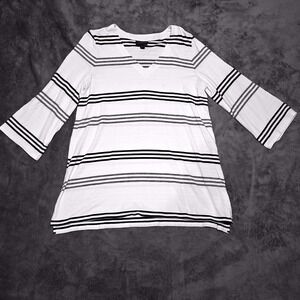 J. Jill Wearever Women's Small White Black Striped V-Neck 3/4 Bell Sleeve Tunic